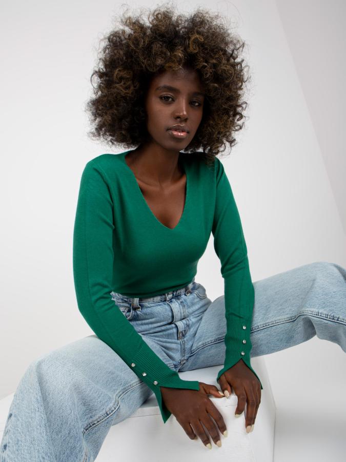 Klasický mäkký sveter s V -výstrihom zelený
