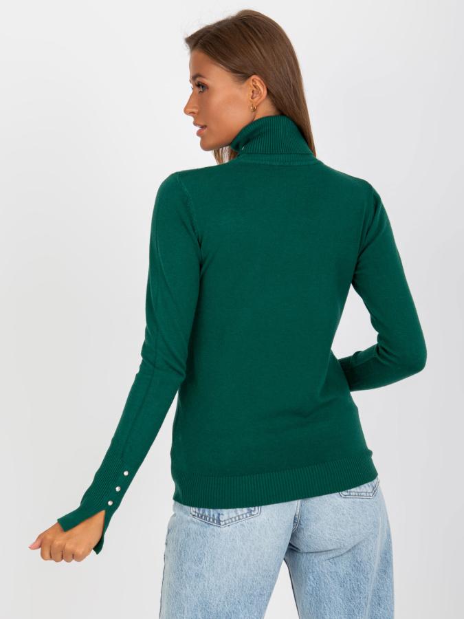 Mäkký rolákový sveter s gombíkmi na rukávoch tmavo zelený
