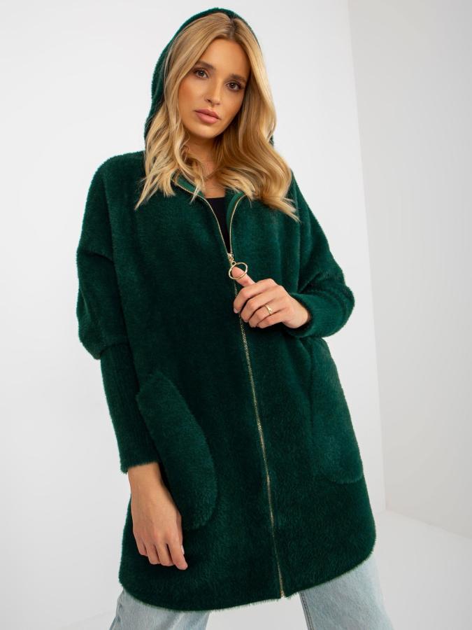 Tmavo zelený dámsky kabát z alpaky s kapucňou