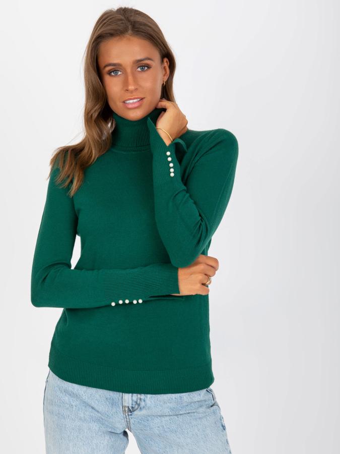 Rolákový sveter so zaujímavými rukávmi s korálkami tmavo zelený