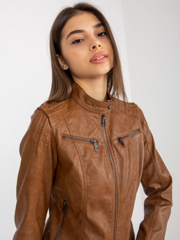 Dámska hnedá bunda z umelej kože s vreckami