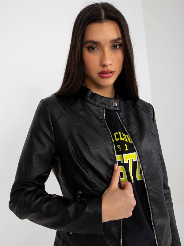 Čierna dámska motorkárska bunda z ekokože s podšívkou