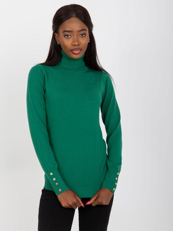 Mäkký klasický rolákový sveter s aplikáciou na rukávoch zelený