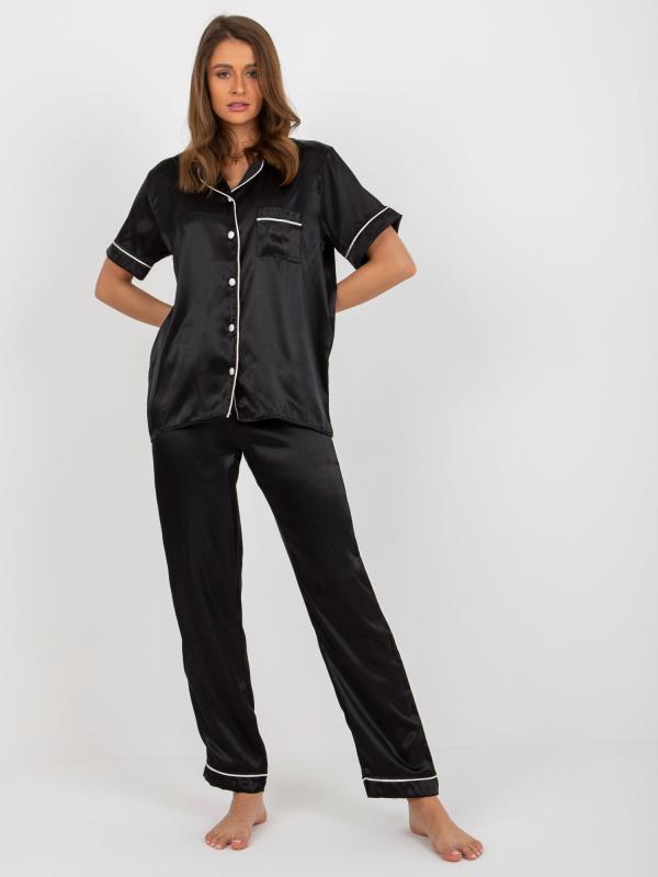 Čierne dvojdielne saténové pyžamo s nohavicami