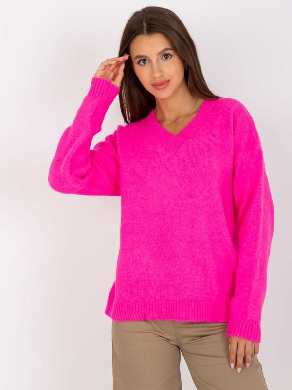 Klasický sveter s výstrihom V Rue de Paris fluo ružový