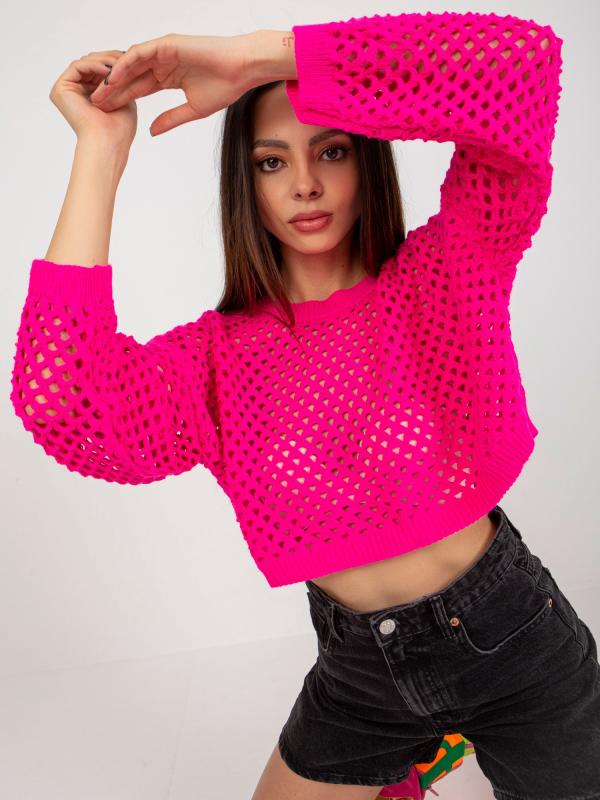 Fluo ružový krátky letný sveter s ažúrovým vzorom