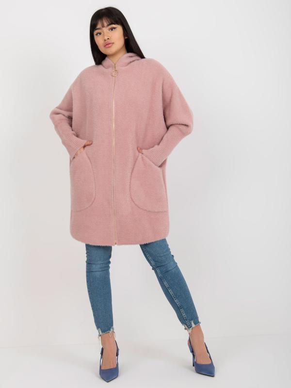 Tmavo ružový dámsky kabát z alpaky s kapucňou