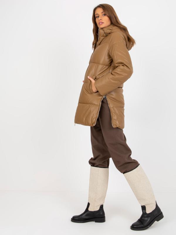 Zimná prešívaná bunda z ekokože vo farbe ťavy