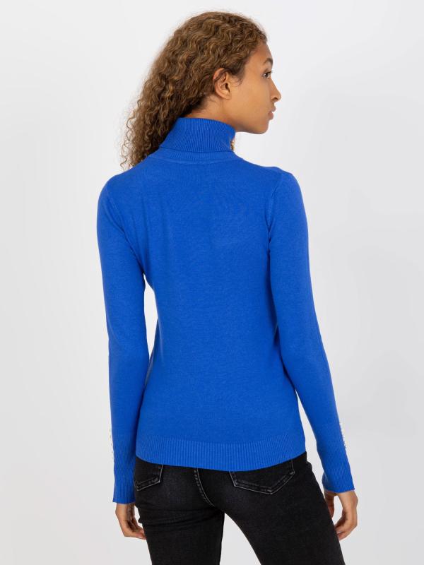 Rolákový sveter s korálkami na rukávoch tmavo modrý