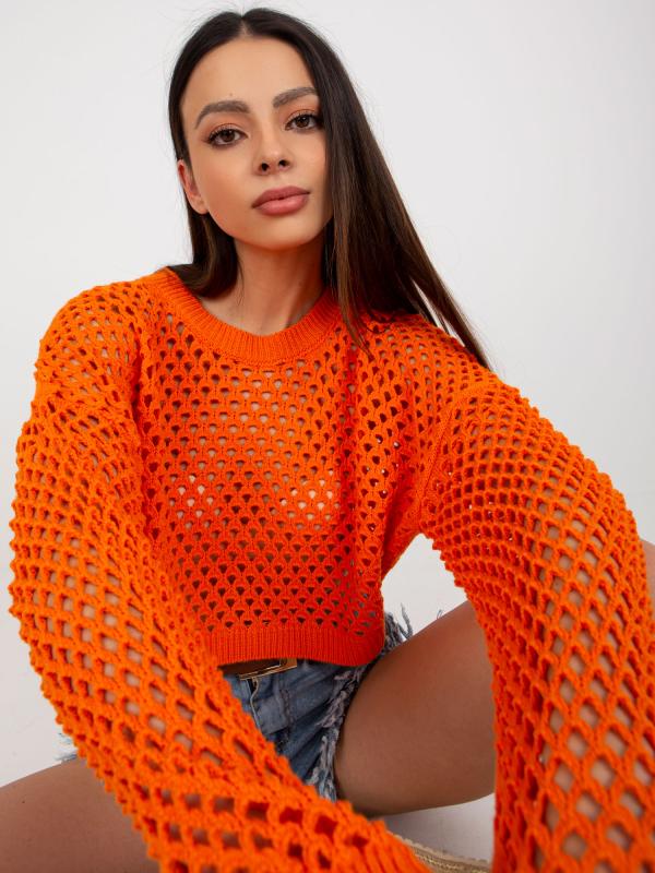 Pomarančový krátky letný sveter s ažúrovým vzorom