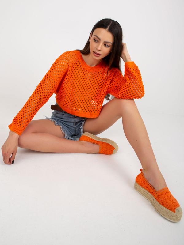 Pomarančový krátky letný sveter s ažúrovým vzorom