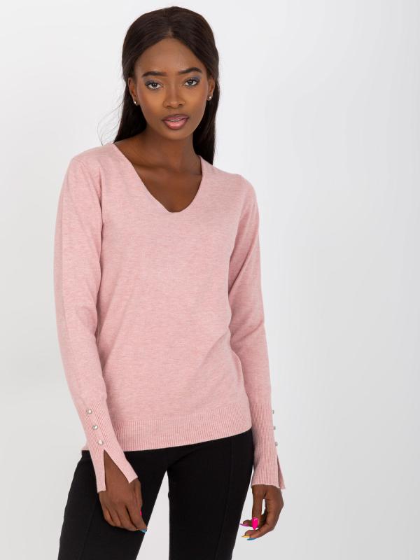Klasický mäkký sveter s V -výstrihom ružový
