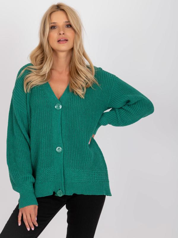 Voľný kardiganový sveter s gombíkmi tmavo zelený