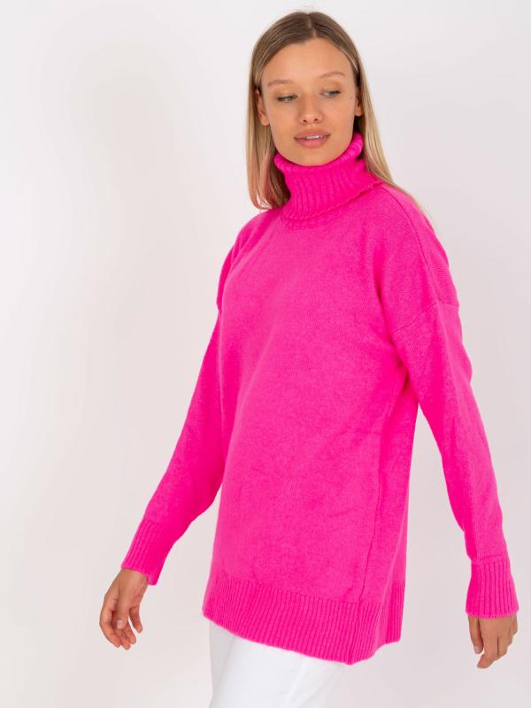 Rolákový sveter voľného strihu fluo ružový