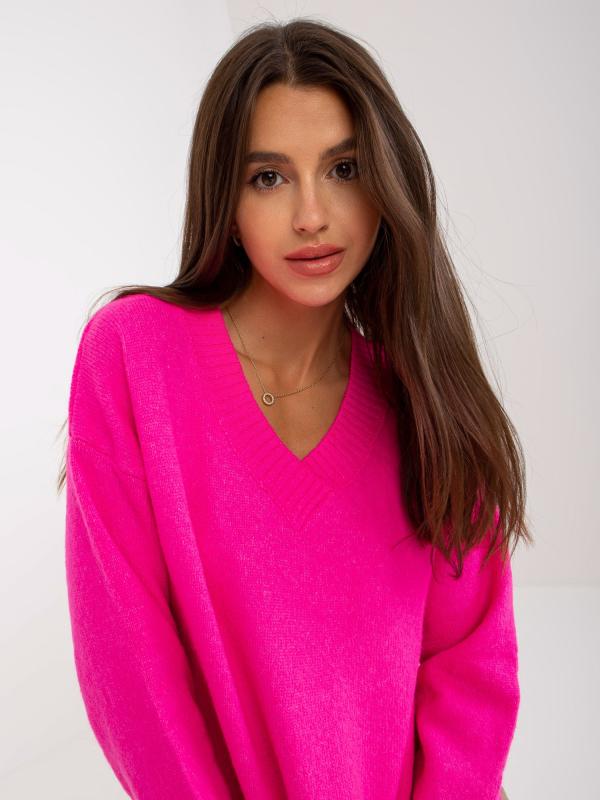 Klasický sveter s výstrihom V Rue de Paris fluo ružový